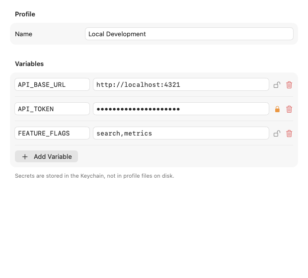 JipConfig environment profile editor with a hidden secret value