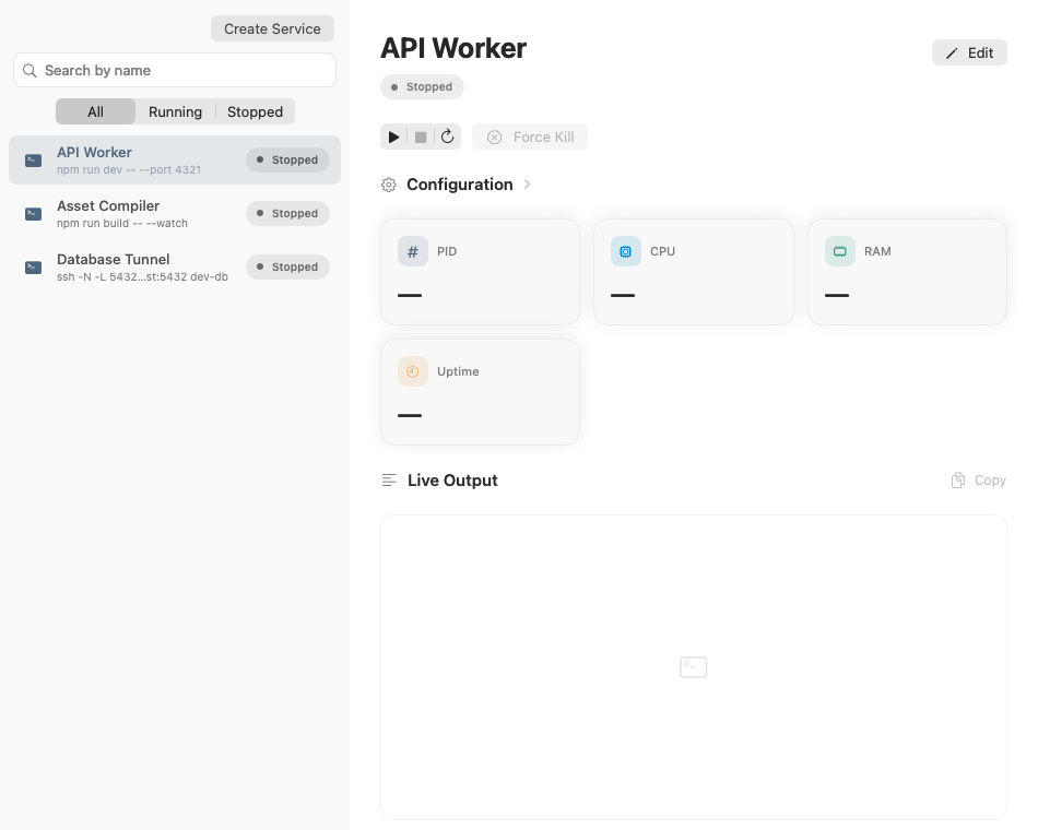 JipConfig process control screen showing local processes and runtime details
